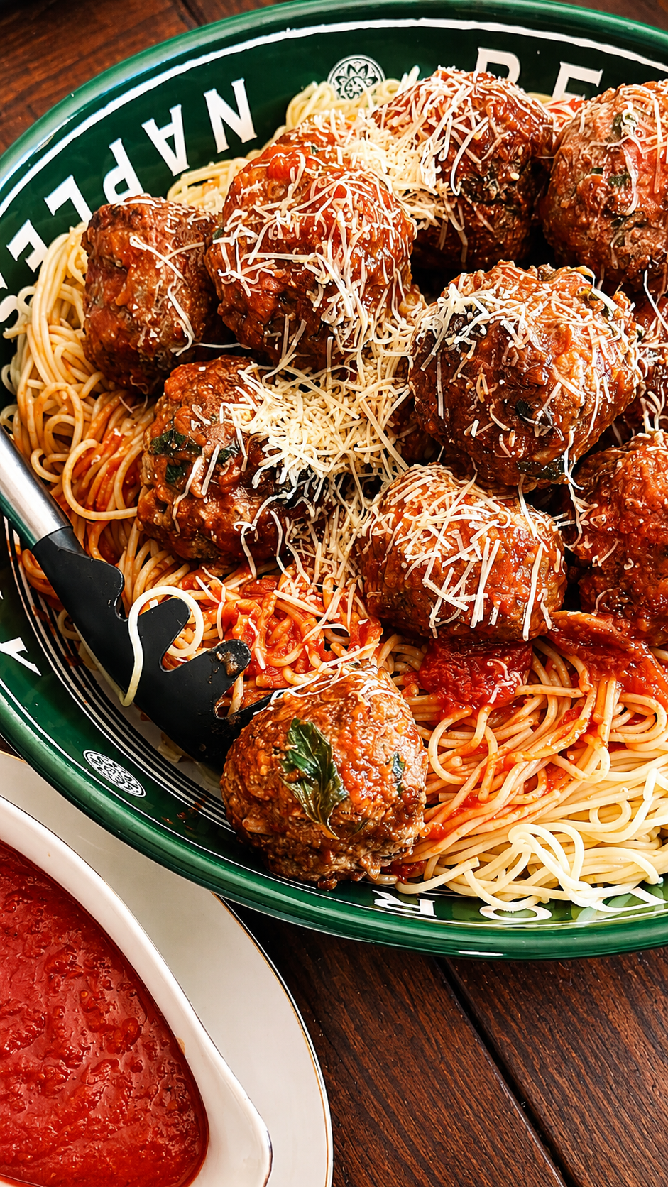 Bowl of spaghetti with meatballs on a wooden table