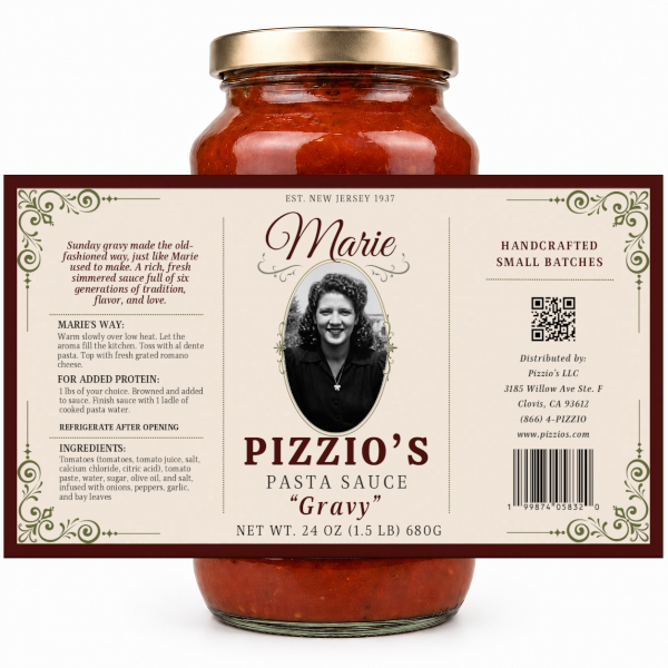 Jar of Pizzio's Pasta Sauce Gravy with label featuring a portrait of a woman.