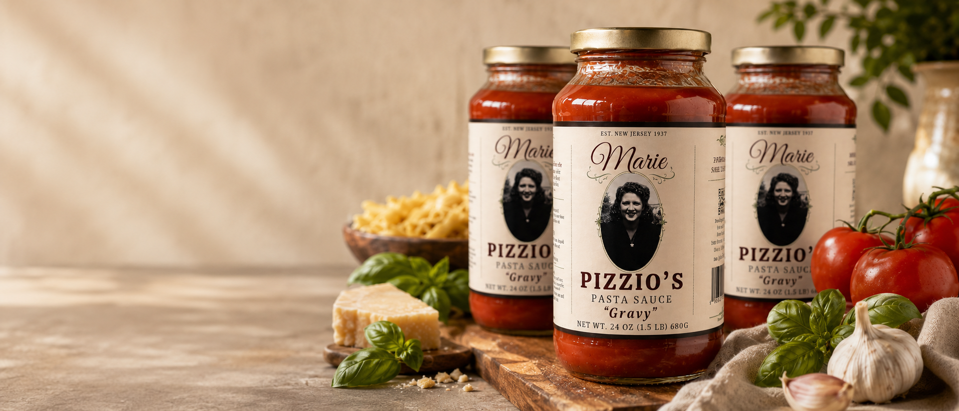 Three jars of Pizzio's pasta sauce on a wooden surface with ingredients in the background.